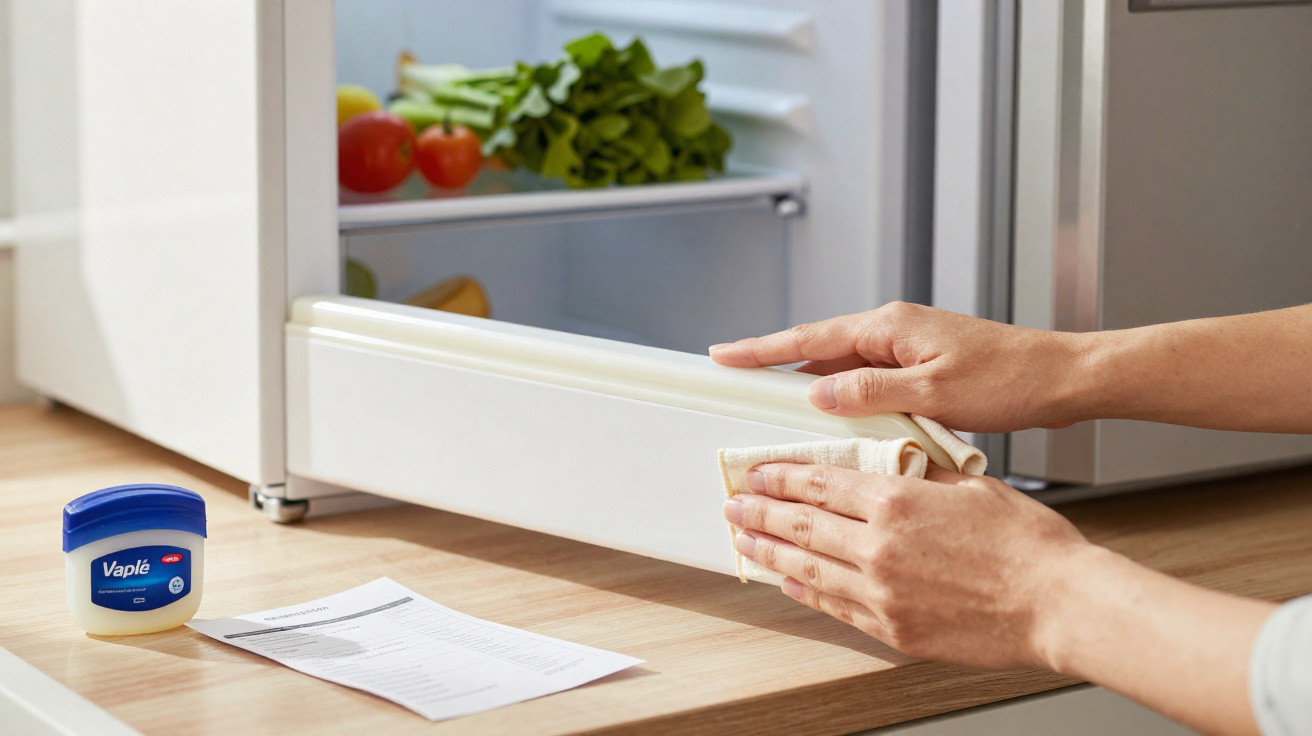 Hands cleaning the door of a fridge with a cloth on a kitchen counter beside a jar of Vaseline and a paper.