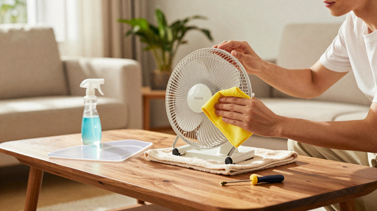 Person cleaning a small white fan with a yellow cloth on a wooden table in a cosy living room.