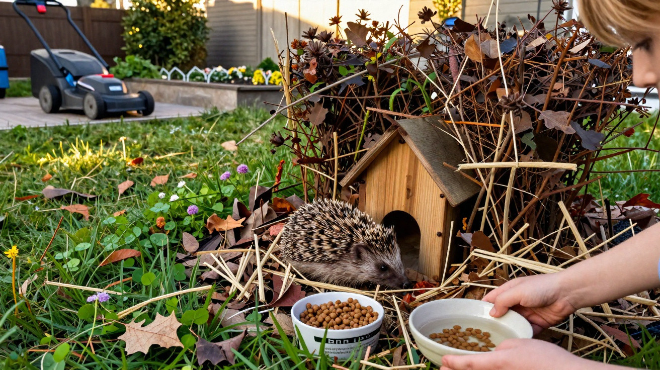 Child feeding a hedgehog dry pet food outside near a small wooden shelter in a garden.