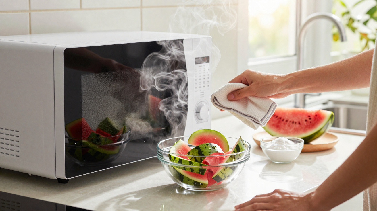 Person removing a steaming bowl of watermelon slices from a white microwave in a bright kitchen.