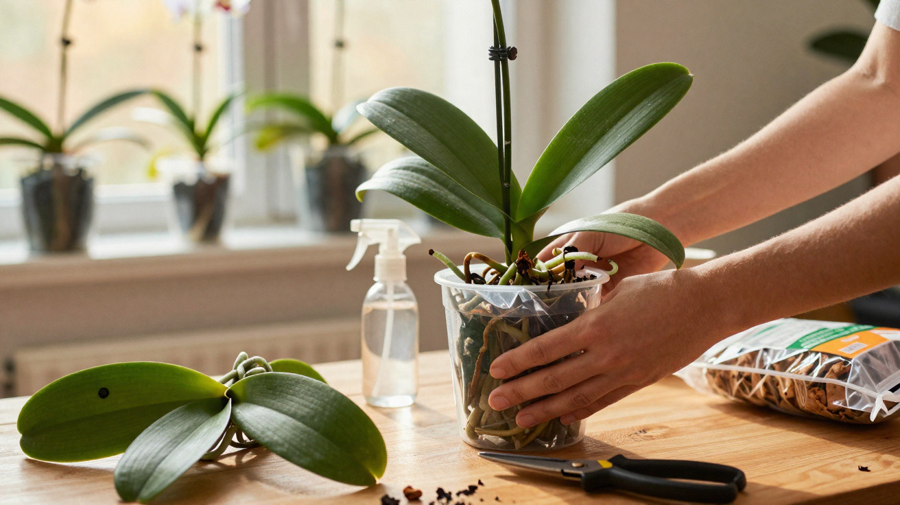 Hands repotting an orchid plant with aerial roots on a wooden table with scissors and a spray bottle.
