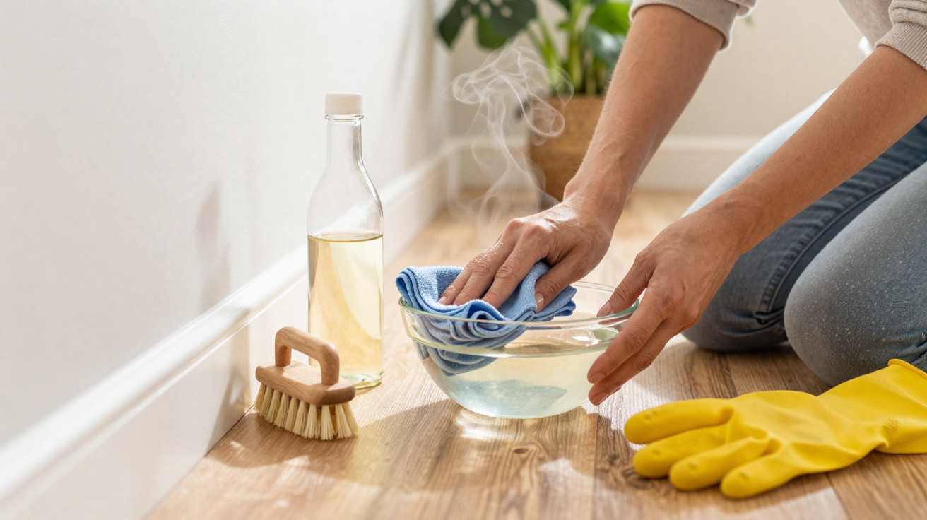 Person cleaning a wooden floor with a cloth, bowl of steaming water, rubber gloves, brush, and bottle nearby.