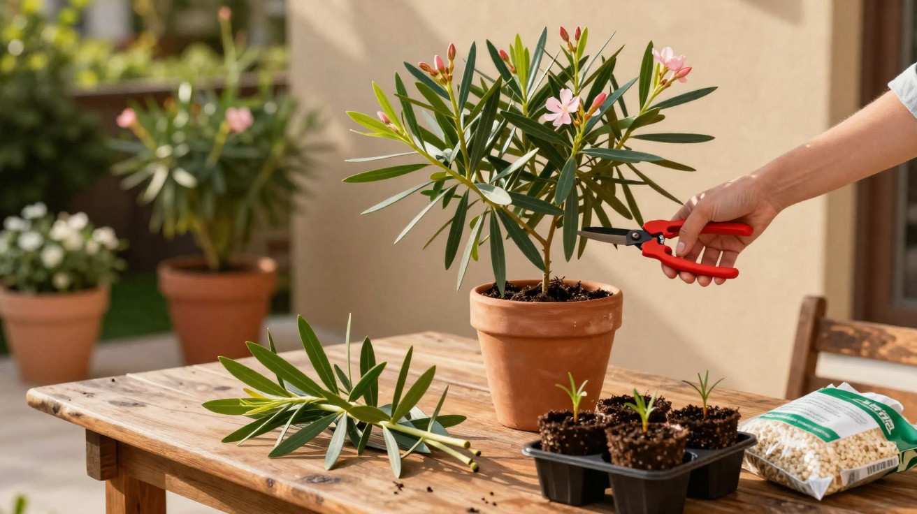 Person pruning a potted plant with red-handled scissors on a wooden table outdoors.