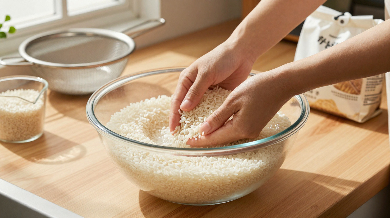 Hands holding and rinsing white rice in a large glass bowl on a wooden kitchen countertop.