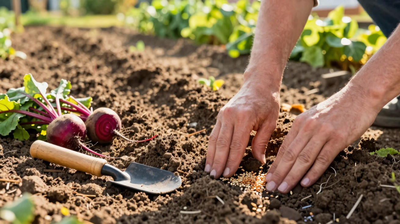 Hands sowing seeds in soil beside harvested beetroots and a garden trowel in a sunlit vegetable patch.