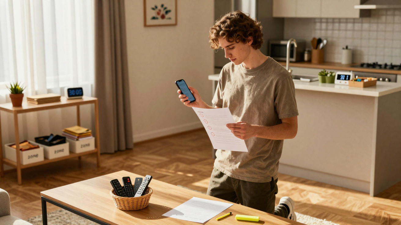 Young man in casual clothes using phone while holding paper with list in a bright living room kitchen space.