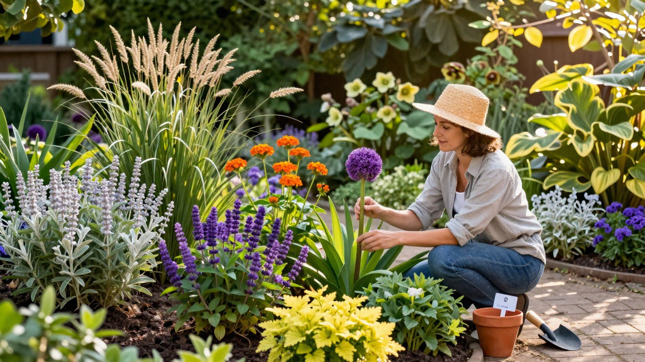 Woman wearing a straw hat gardening among colourful flowers and plants in a sunny backyard garden.