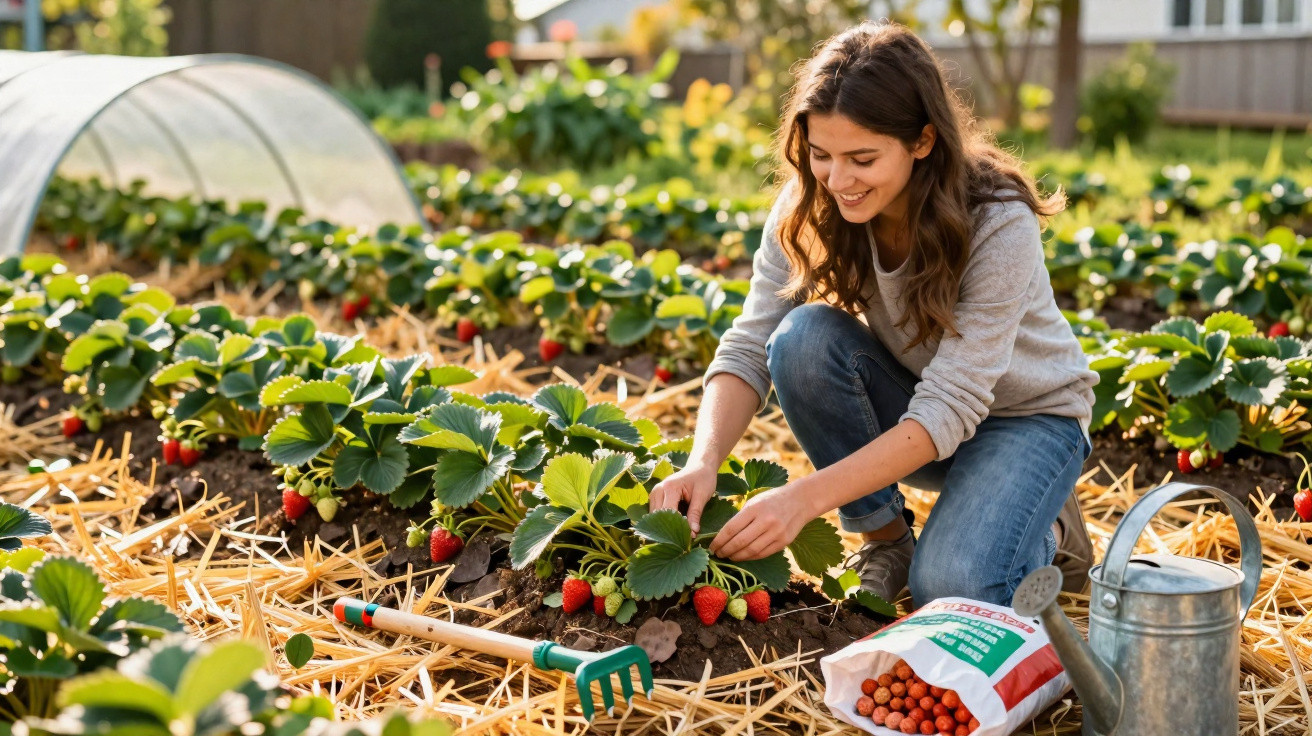 Woman harvesting ripe strawberries in a garden surrounded by plants, gardening tools, and a watering can.