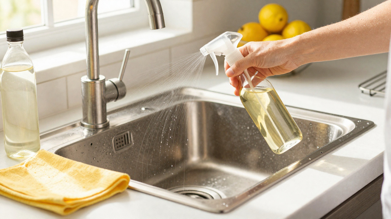 Hand spraying cleaning solution onto a stainless steel kitchen sink with lemons and cloth nearby.