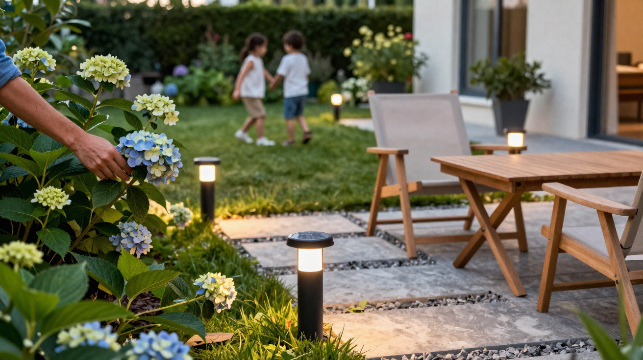 Person picking blue hydrangea flowers in garden with illuminated pathway lights and children playing in background.