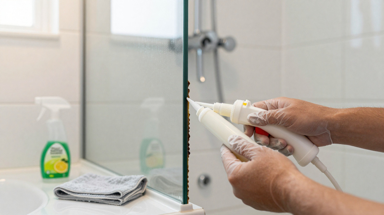 Hands wearing gloves applying sealant to a glass shower door edge in a clean bathroom setting.