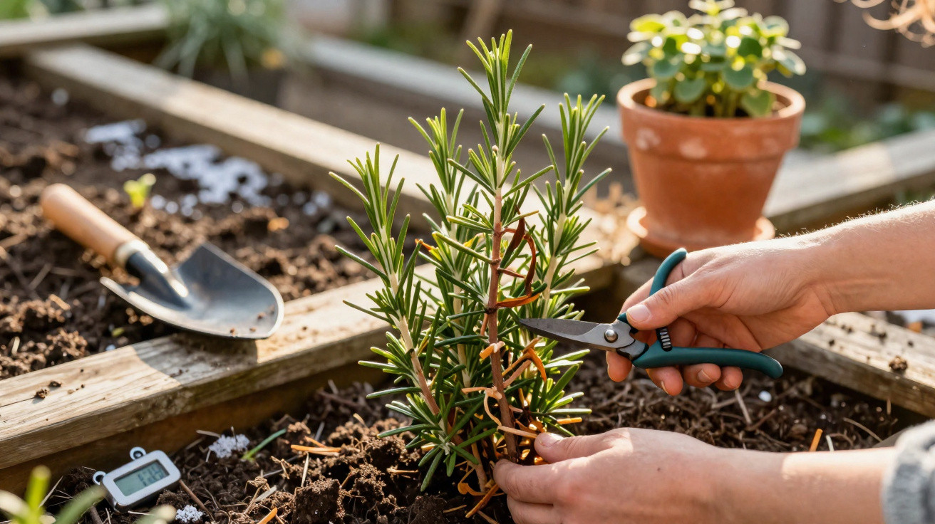 Hands pruning a rosemary plant in a raised garden bed with a small spade and potted plant nearby.