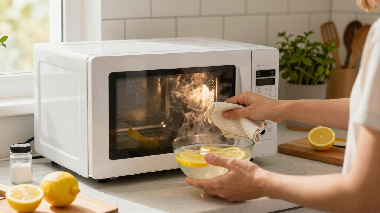 Person removing a bowl of steaming lemon water from a white microwave in a kitchen.