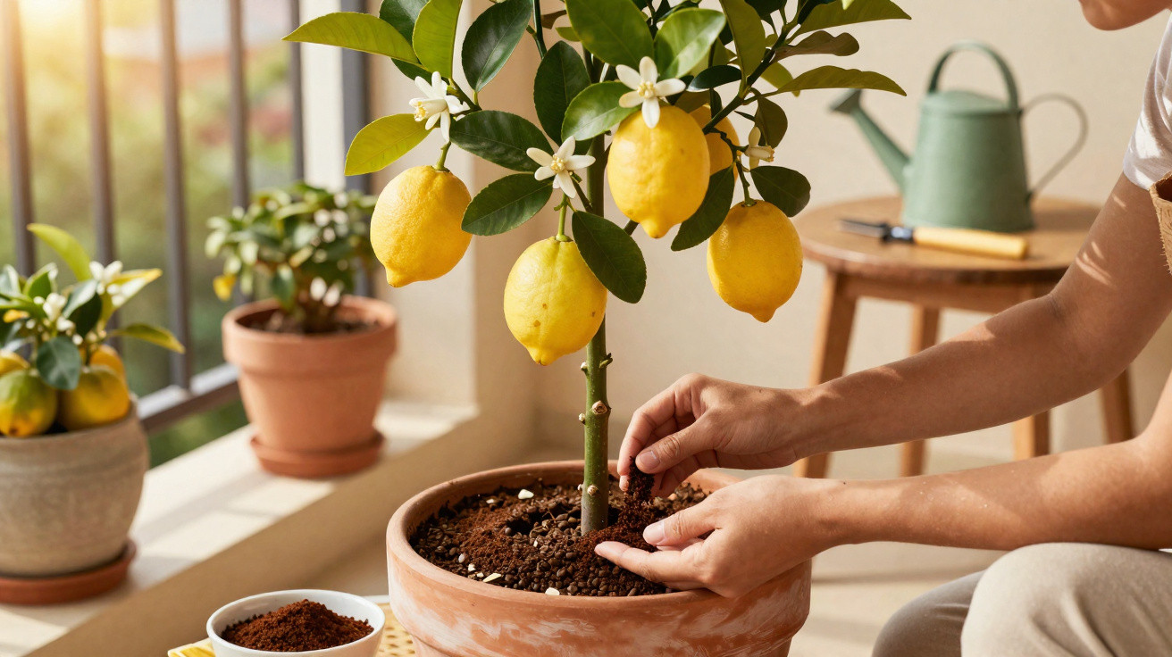 Hands tending soil around a potted lemon tree with ripe lemons on a sunny balcony.