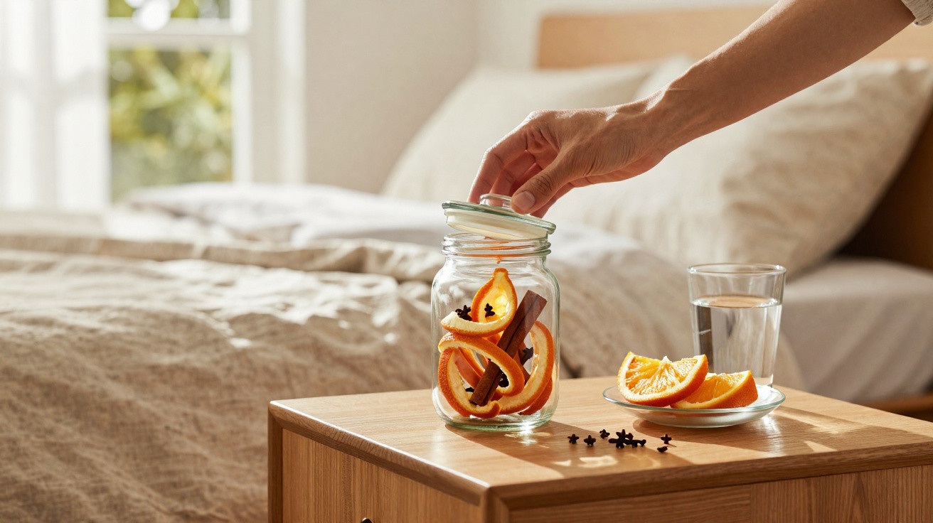 Hand placing lid on jar filled with dried orange slices, cinnamon sticks and cloves on bedside table next to glass of water.