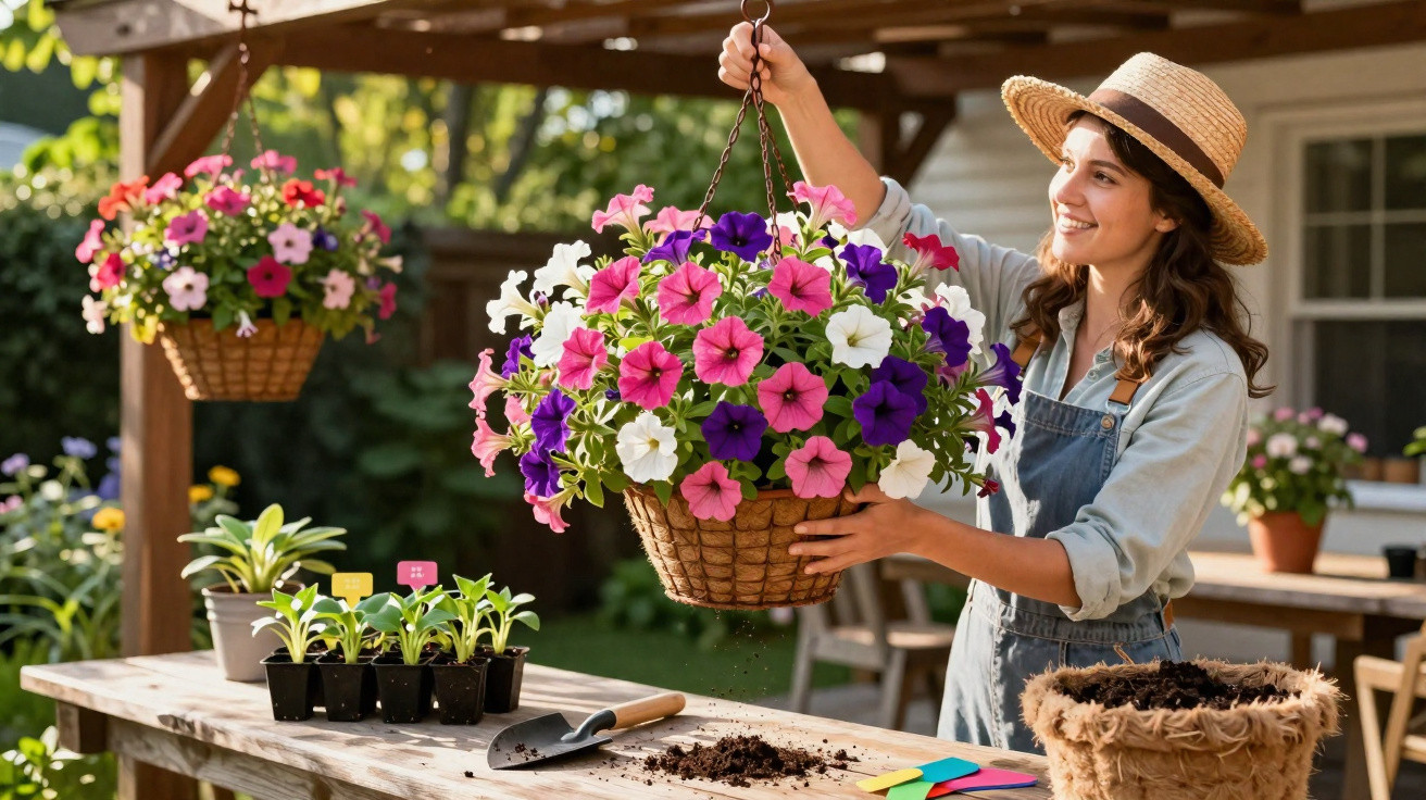 Woman in a straw hat holding a hanging basket of pink, purple, and white petunias in a garden setting.