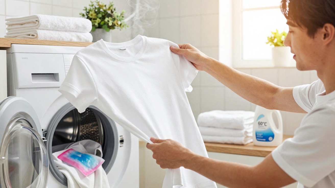 Person holding a freshly washed white t-shirt steaming out of a front-loading washing machine in a bright laundry room.