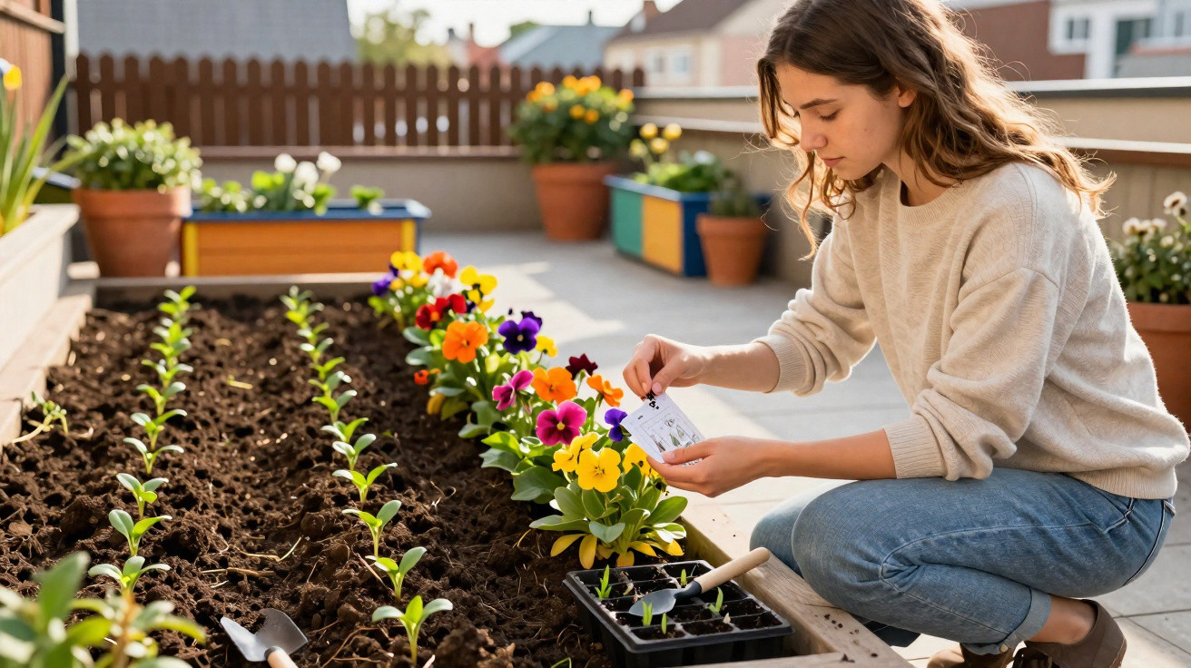 Young woman planting flowers in a garden bed on a sunny day with gardening tools nearby.