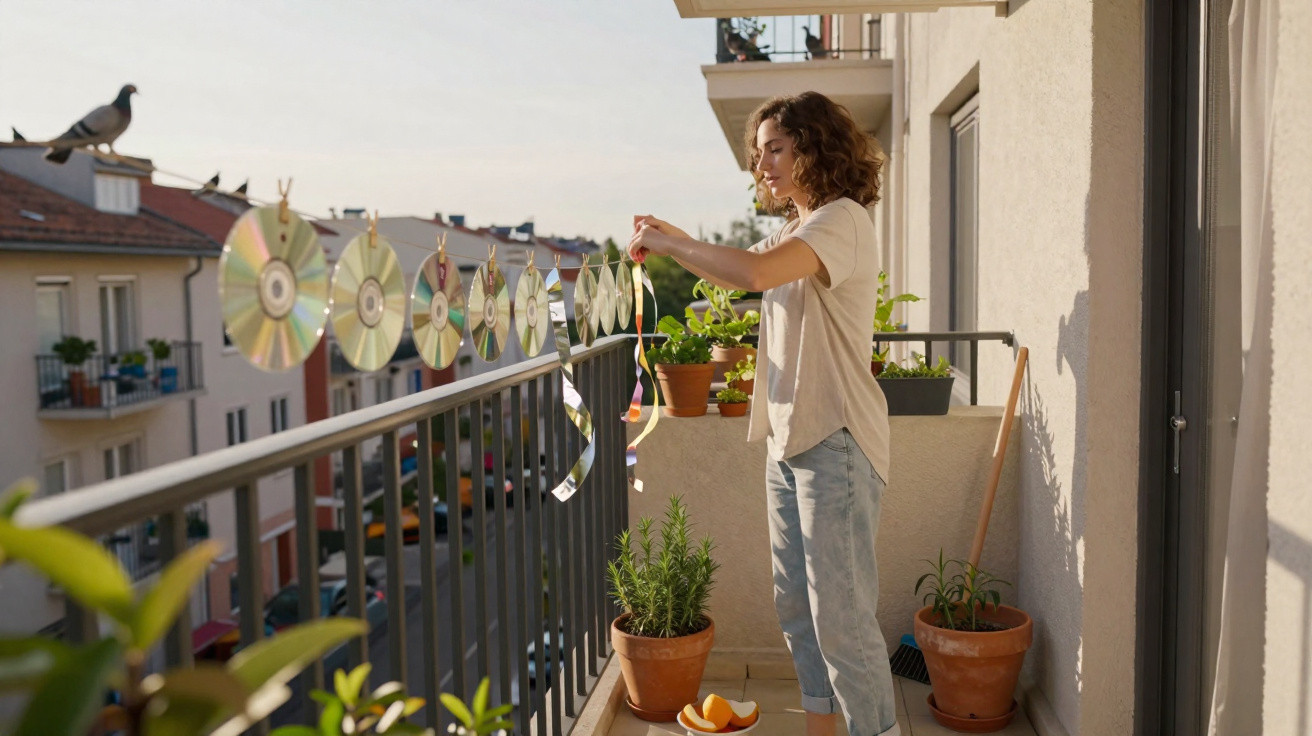 Woman hanging shiny CDs on a balcony railing with plants and residential buildings in the background.