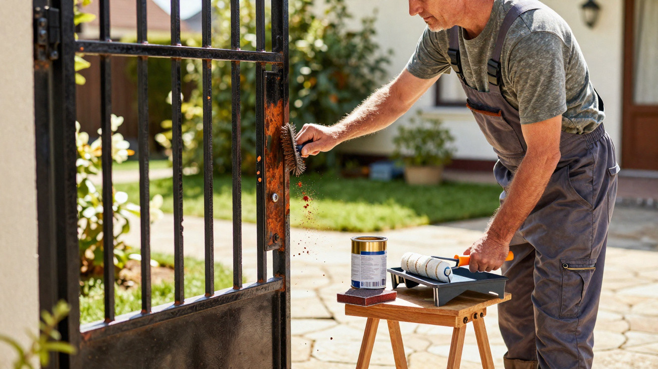 Man using a wire brush to remove rust from a metal gate outdoors on a sunny day.