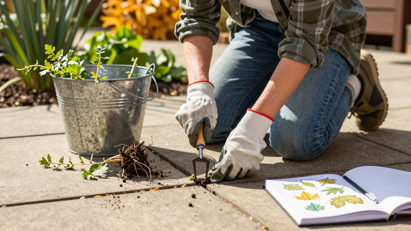 Person wearing gloves removing weeds from patio cracks with a tool, next to a bucket and an open notebook.