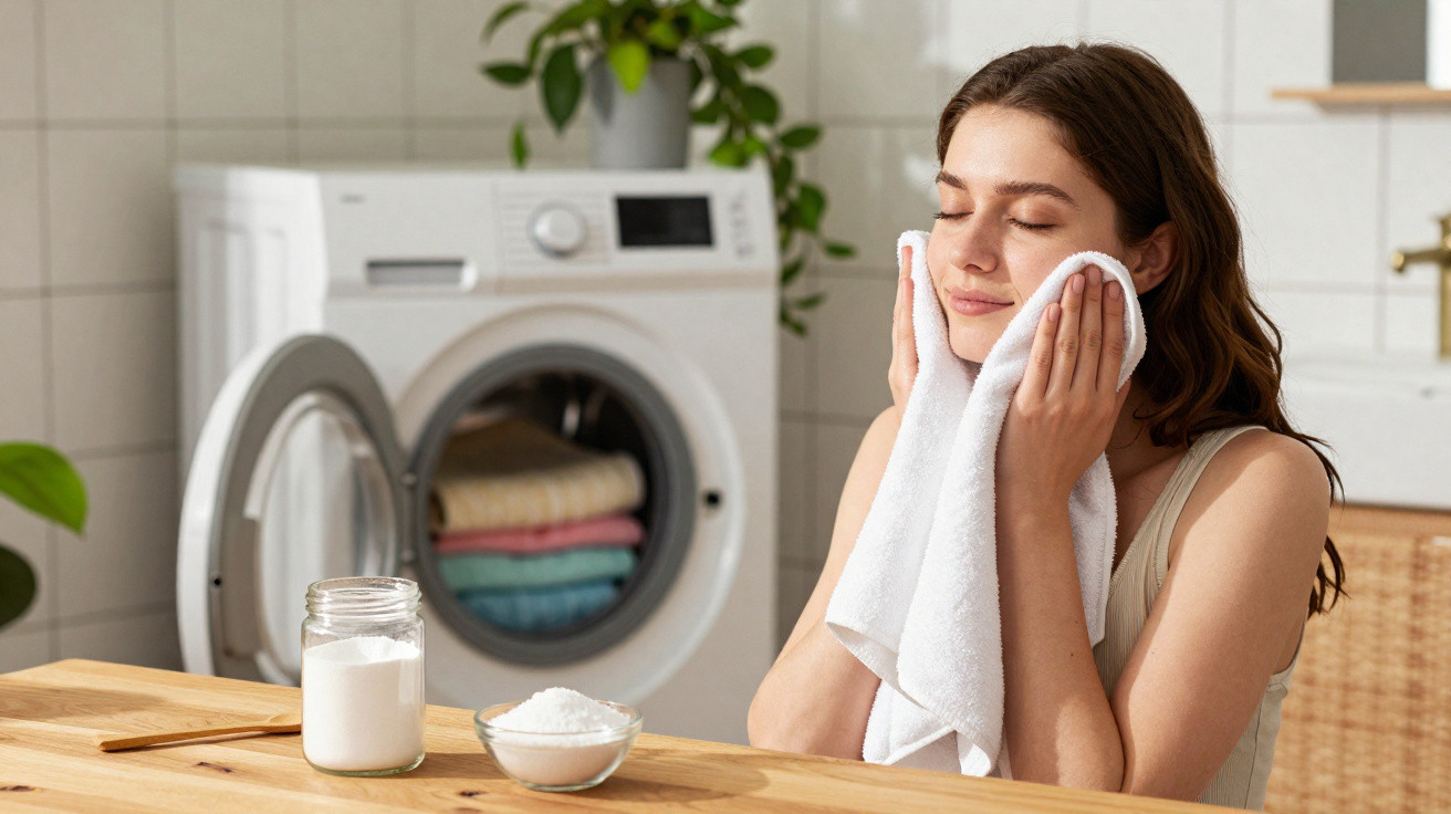 Woman gently drying face with a towel in a laundry room with washing machine and cleaning products nearby.