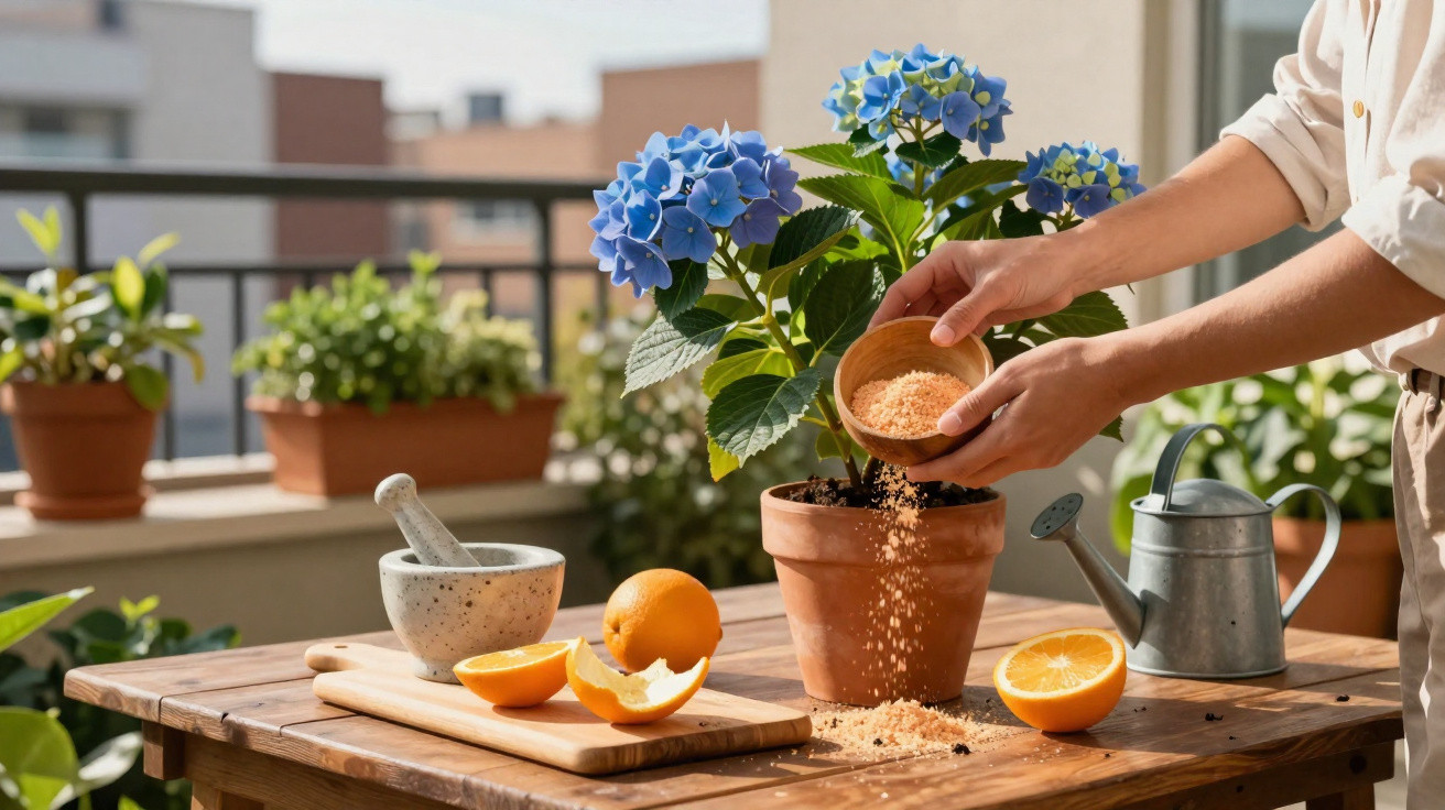 Person fertilising a potted blue hydrangea on a wooden balcony table with garden tools and oranges nearby.