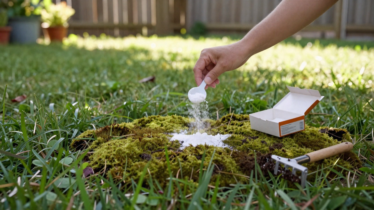 Hand sprinkling powder on moss patch in grass with gardening box and tool nearby in backyard.