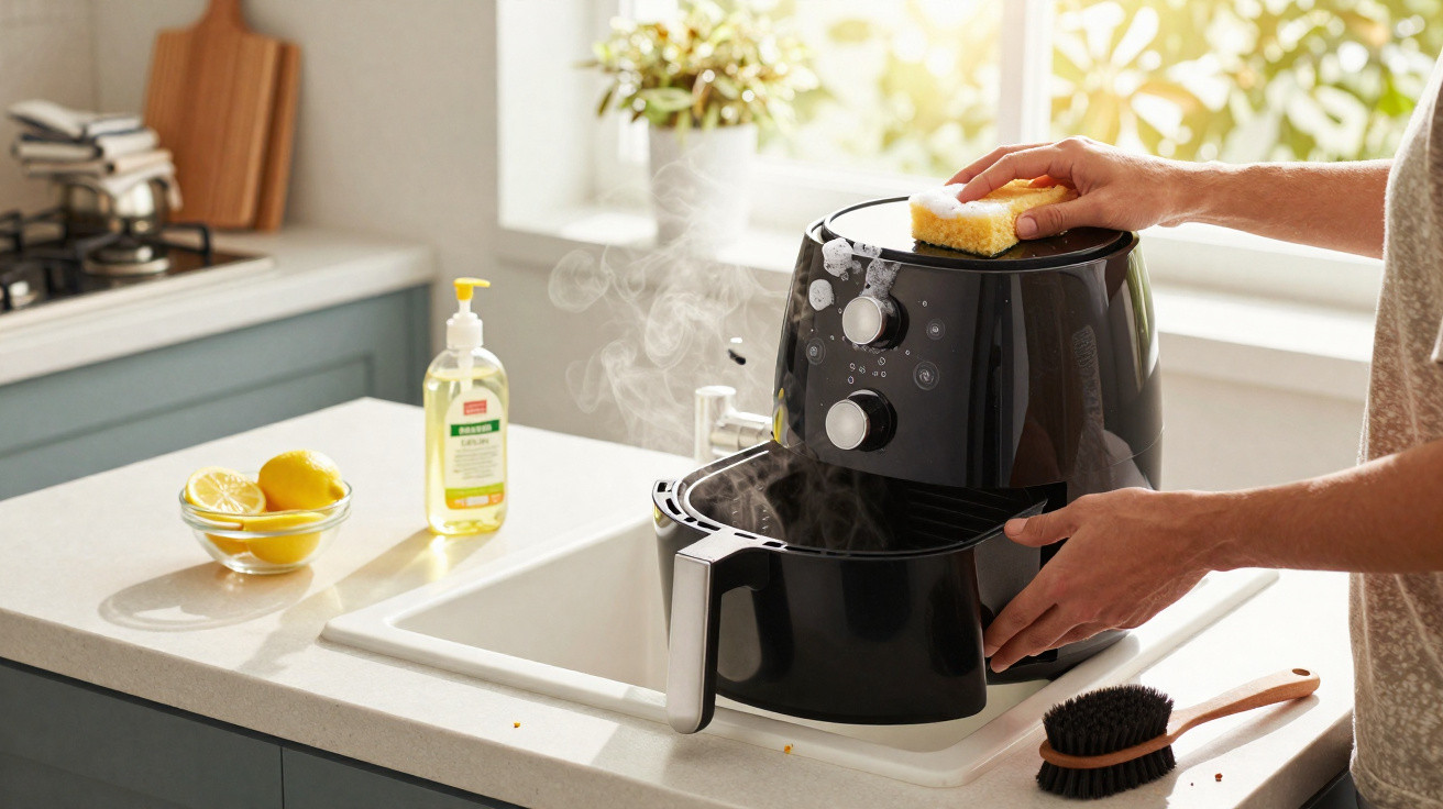 Person cleaning a steaming black air fryer with a sponge at a kitchen sink in natural daylight.