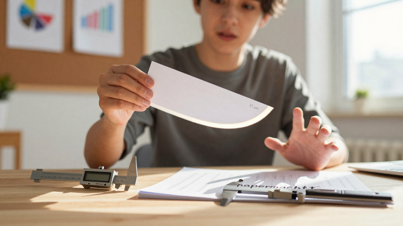 Person examining a curved piece of paper with measuring tools and documents on a wooden desk in daylight.