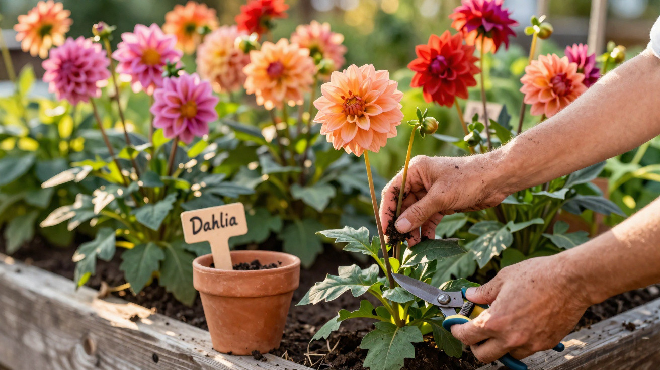Hands pruning a peach dahlia flower in a garden bed with various dahlias in the background.