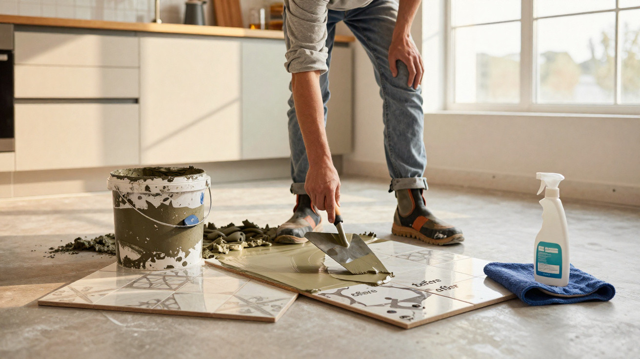 Person installing floor tiles with grout and trowel in a bright room with cleaning spray and cloth nearby.