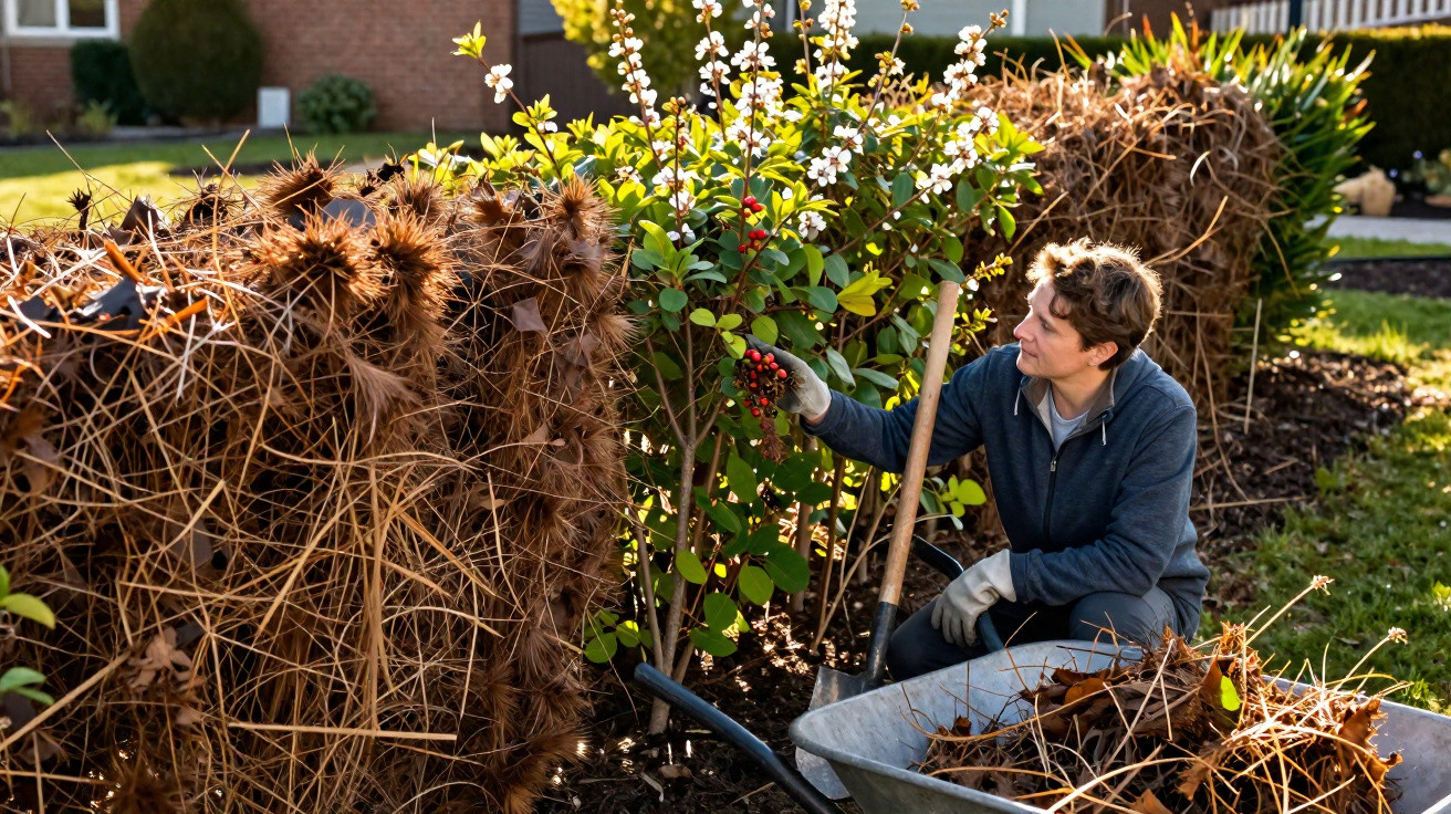 Person gardening, inspecting red berries on green shrub beside a dry leaf-covered hedge on a sunny day.