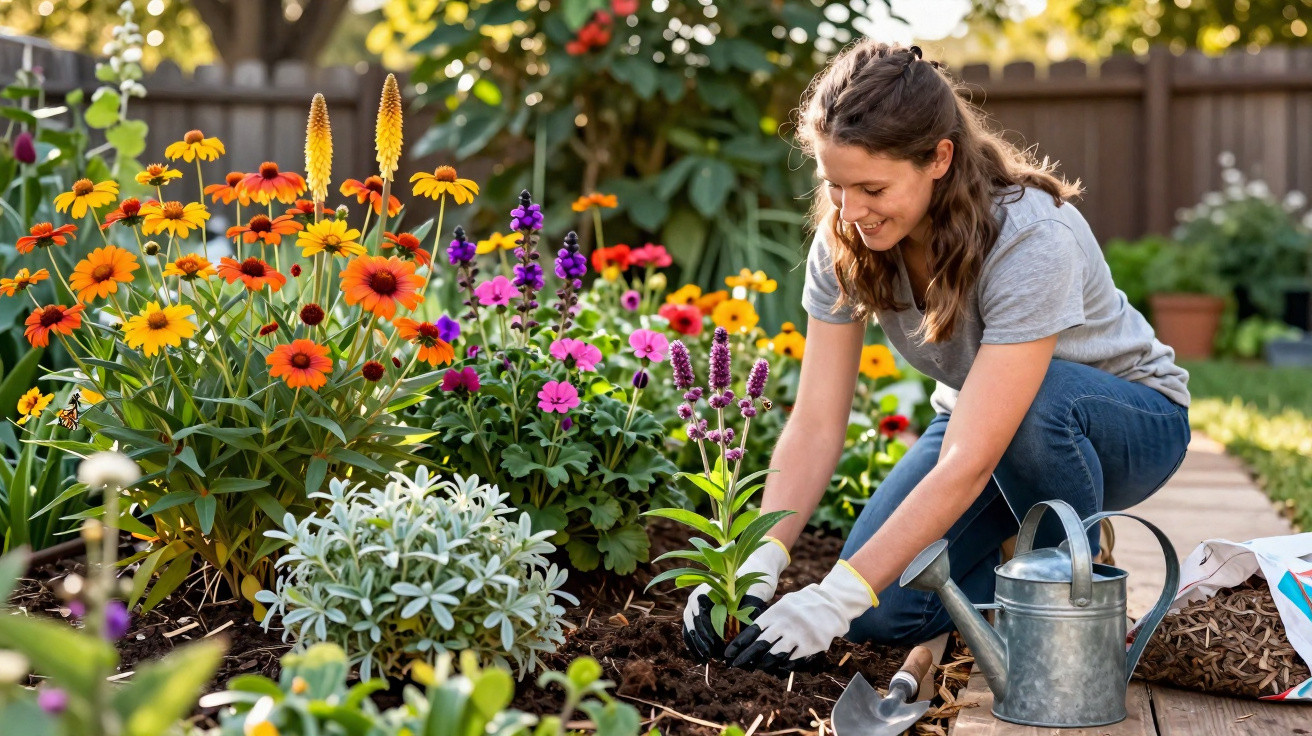 Woman gardening, planting flowers in a vibrant garden bed on a sunny day with watering can nearby.