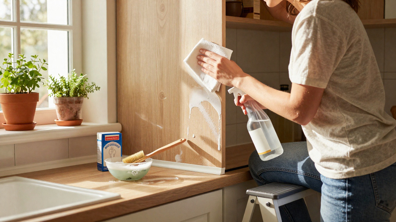 Person cleaning wooden kitchen cabinet with spray bottle and cloth near window with potted plants and cleaning supplies