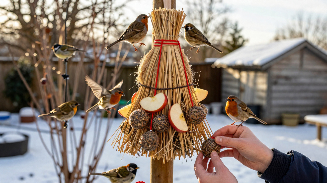 Hands hanging fat balls and apple slices on a straw bird feeder with several birds perched and flying around.