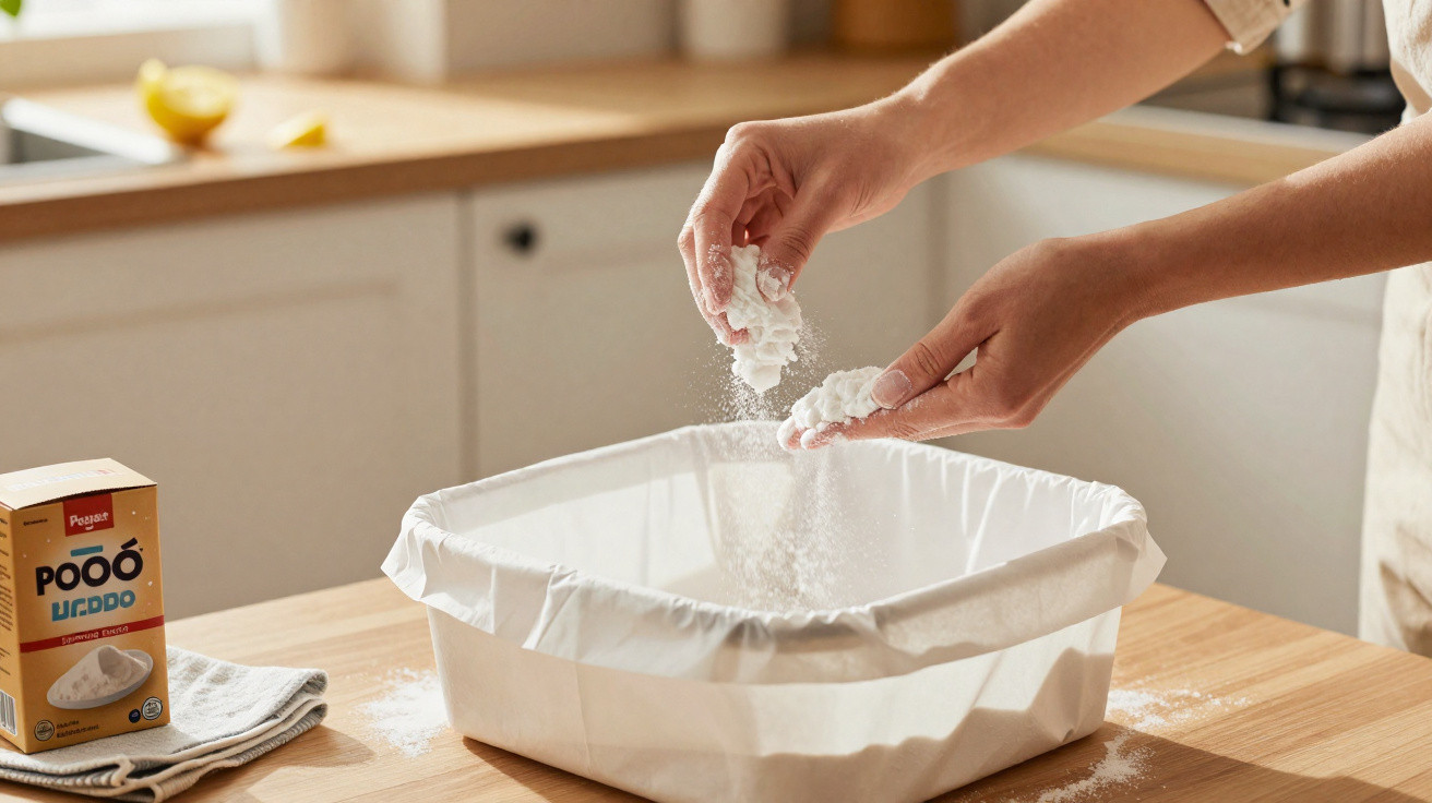 Person sprinkling baking powder into a lined rectangular container on a kitchen countertop.