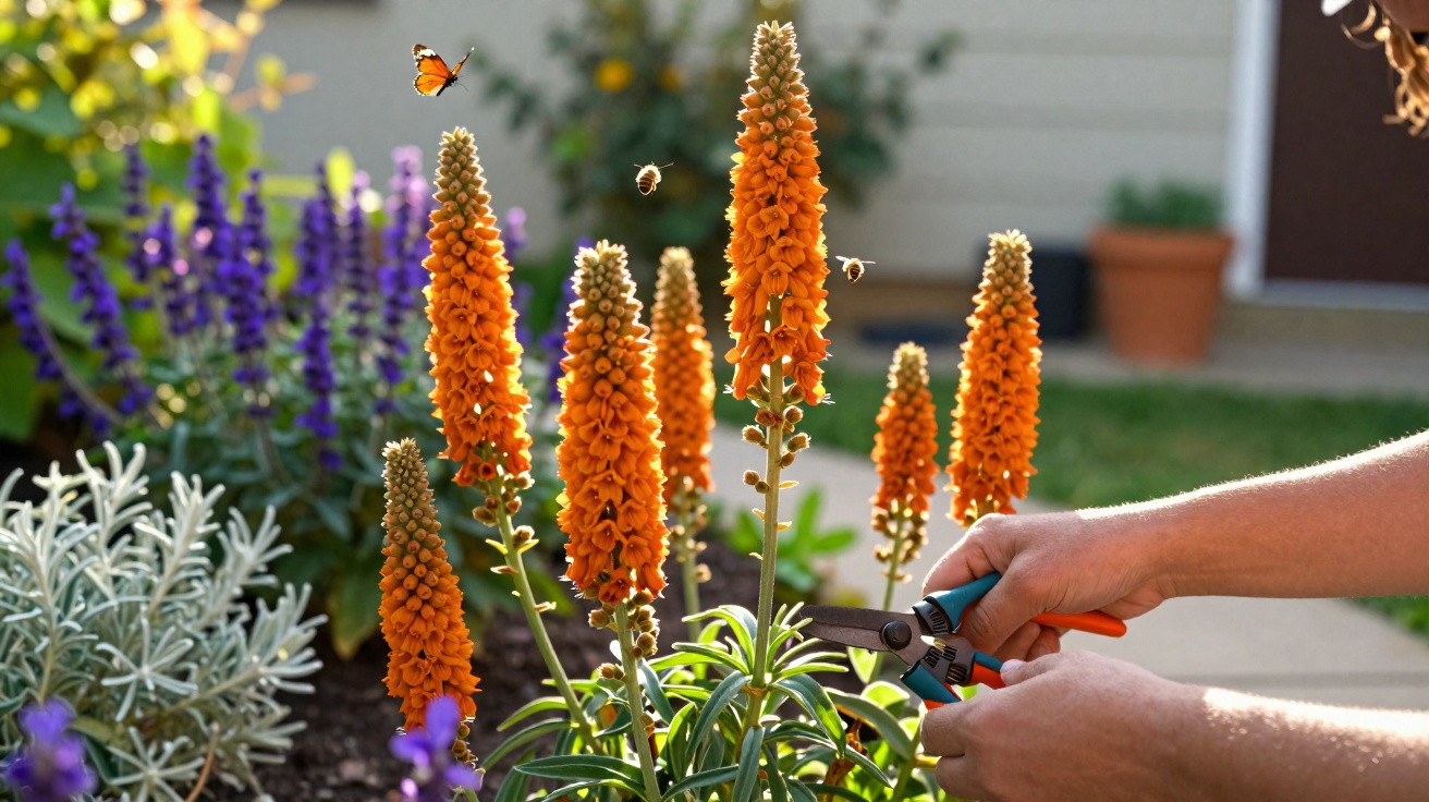 Hands pruning tall orange flowers in a garden with bees and a butterfly flying nearby