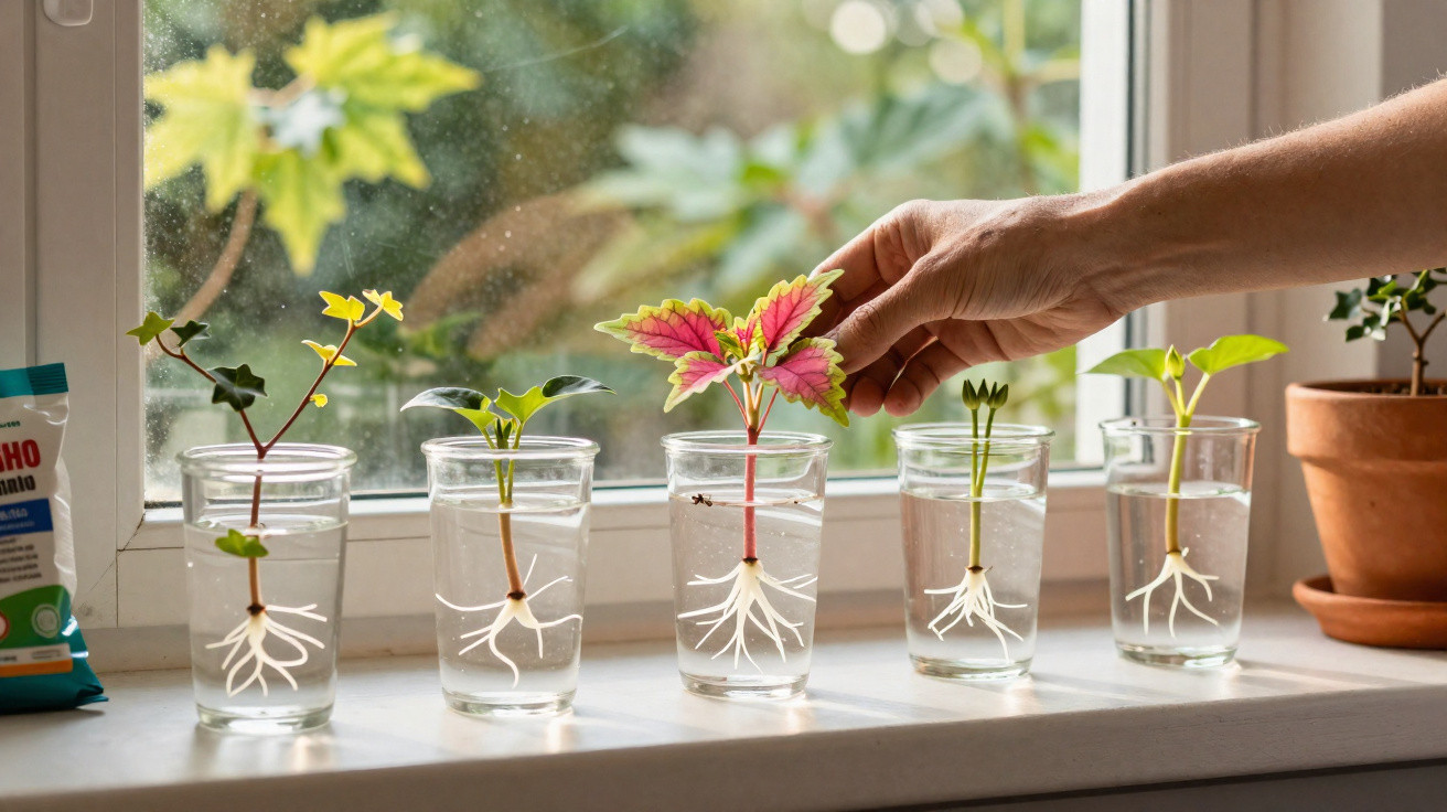 Hand adjusting a plant cutting with vibrant leaves growing roots in water on a windowsill with sunlight.