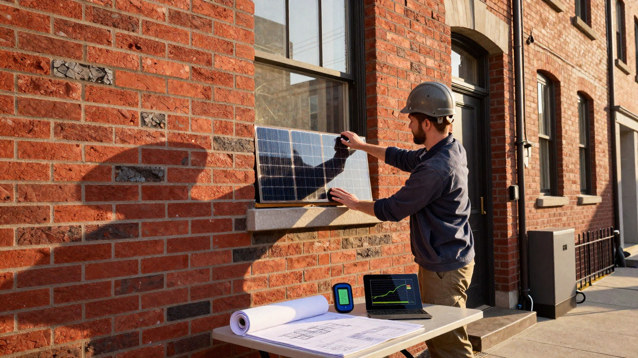 Man wearing helmet installs solar panel on brick building wall with laptop and blueprints on table nearby