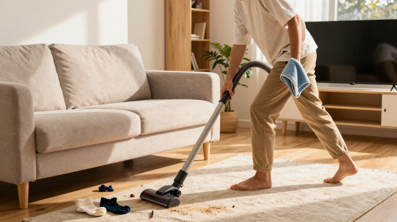 Person vacuuming a beige rug with scattered socks and debris near a cream sofa in a bright living room.