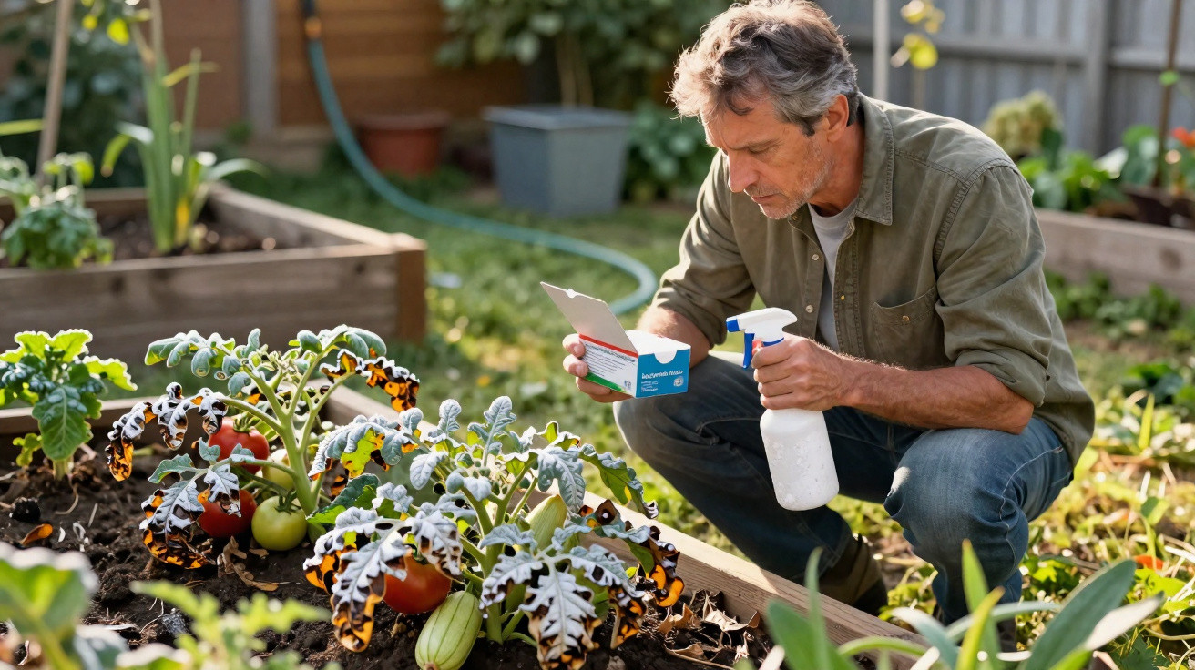 Man checking instructions on plant pesticide box while holding spray bottle in a home vegetable garden.