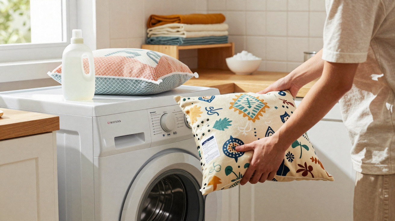 Person placing a patterned cushion into a front-loading washing machine in a bright laundry room.