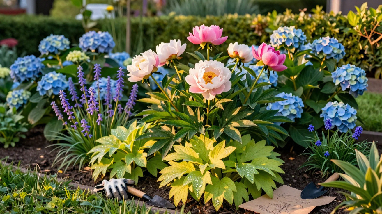 Garden bed with pink peonies, blue hydrangeas, gardening tools, and a plant sketch on soil.