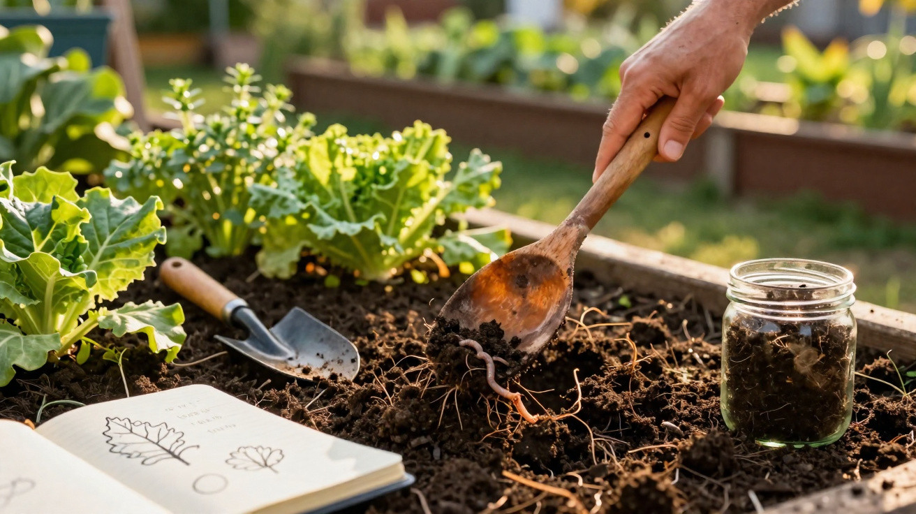 Hand holding wooden spoon with earthworm over soil in a raised garden bed with plants and gardening tools nearby.