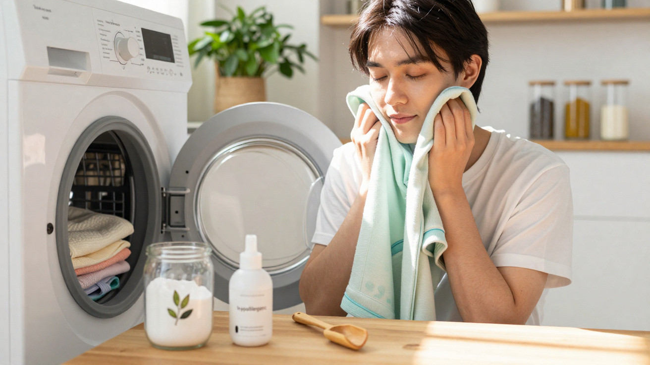 Young man smelling a fresh towel beside a front-loading washing machine in a bright kitchen.
