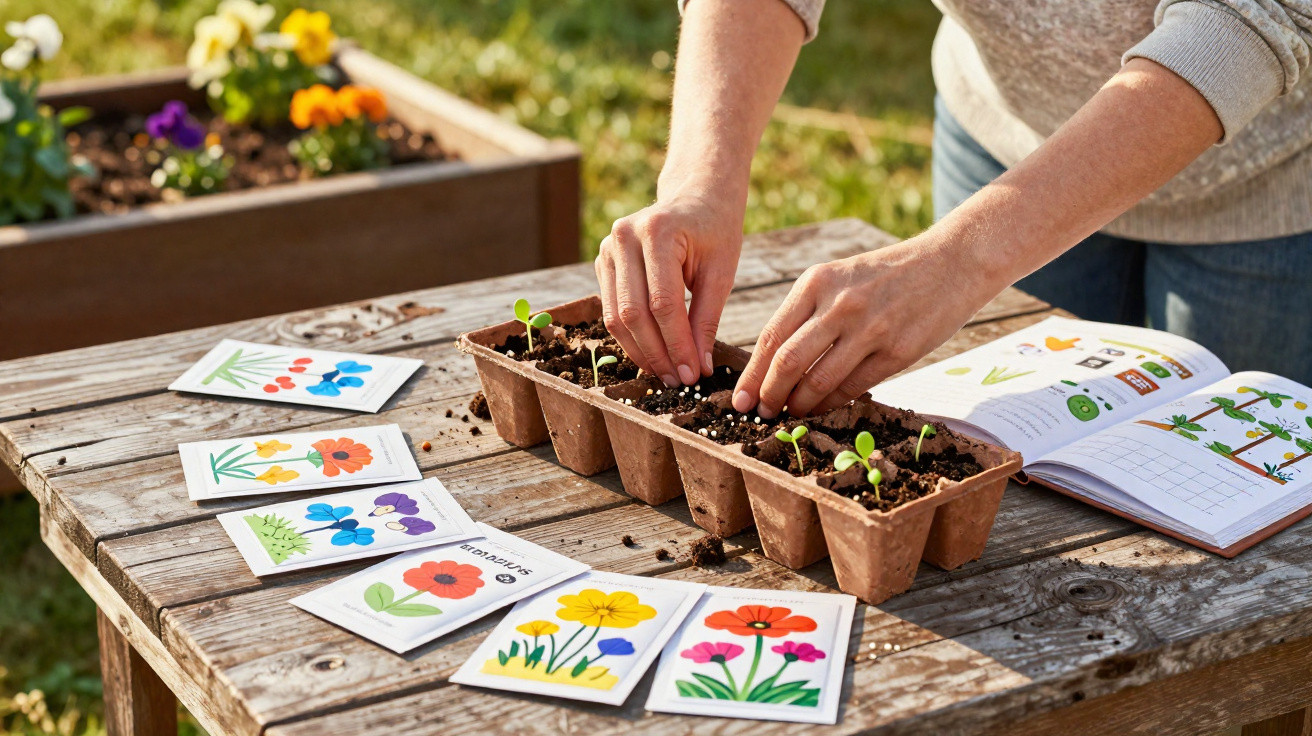 Person planting seedlings in a tray on a wooden table with flower seed packets and a gardening book nearby.