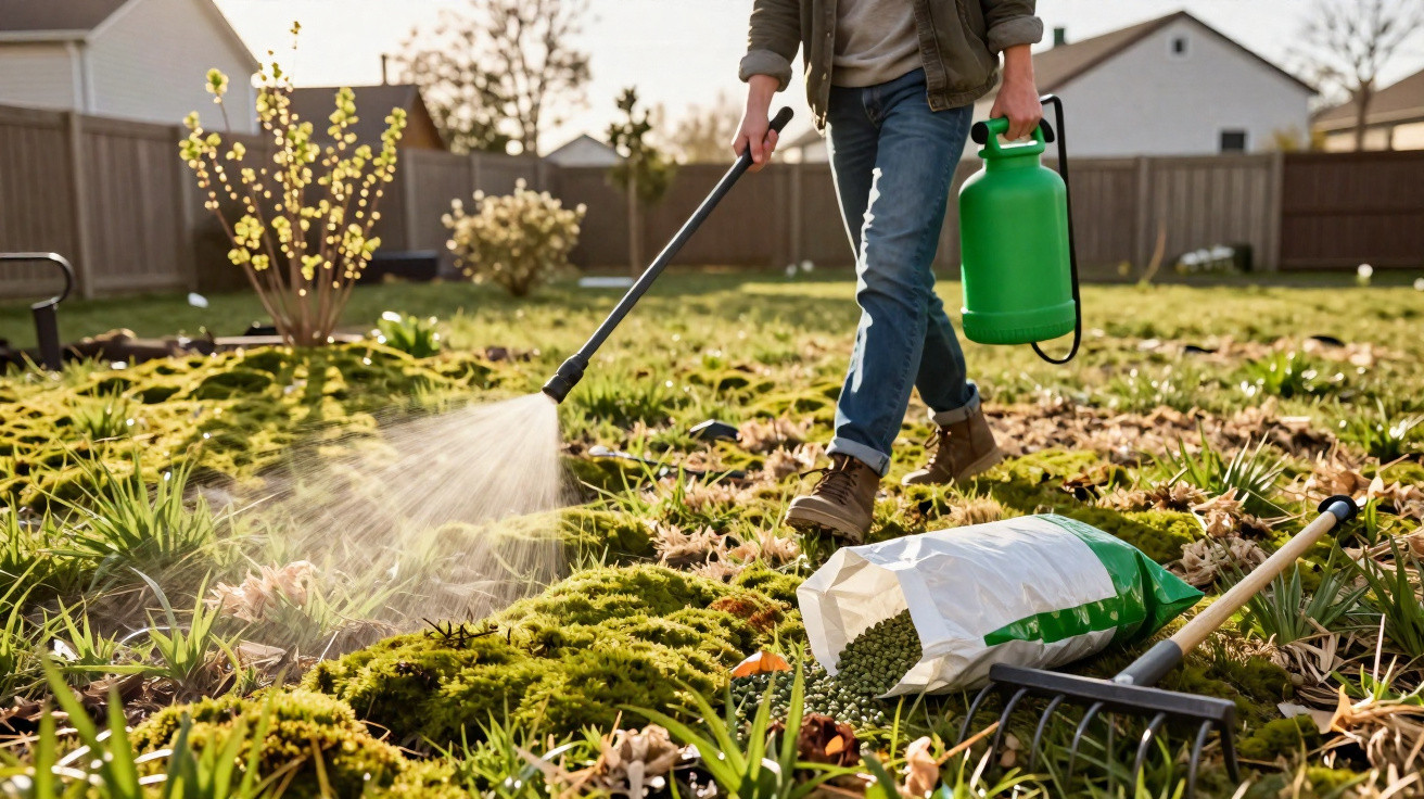 Person spraying liquid fertilizer on garden plants with green sprayer and garden tools nearby.