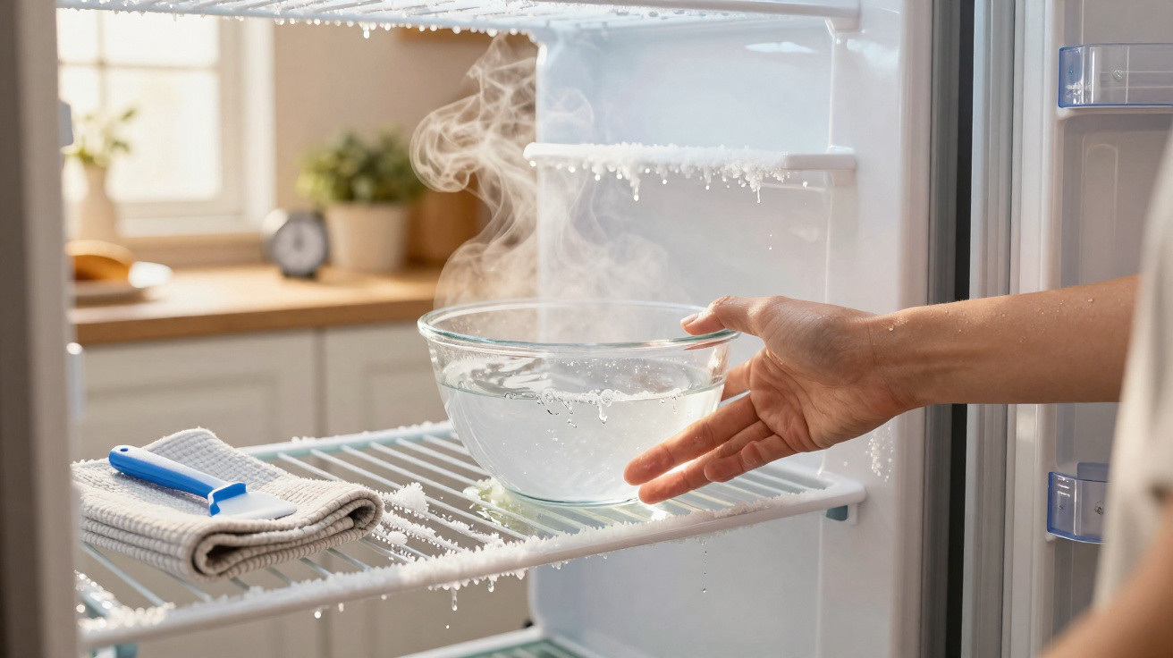 Steaming bowl of hot water inside a freezer with frost and a hand reaching to place it.