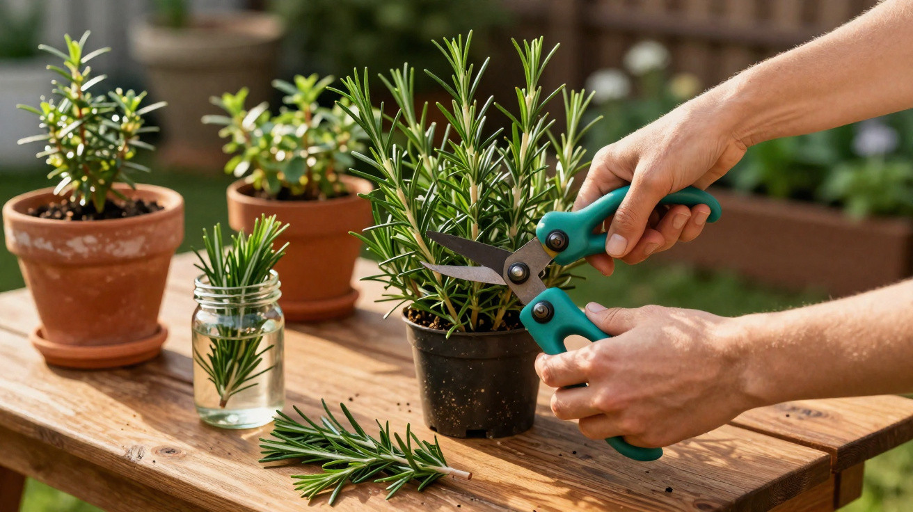 Hands pruning a rosemary plant with green scissors on a wooden table with potted herbs and a sprig in a jar.